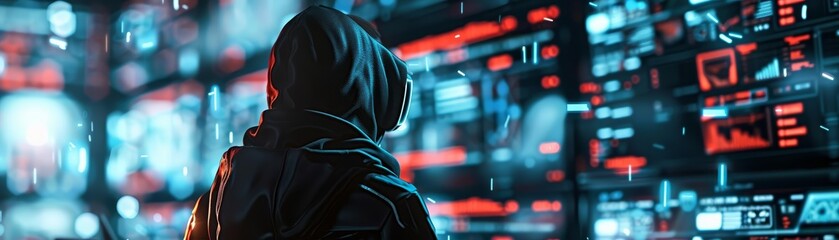 Close up of a hacker at work, surrounded by screens displaying breached systems, their face obscured and blending into a blurred, dark cyber environment, sharpen with copy space