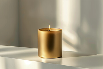 A high-quality, golden candle placed on an empty white surface with soft lighting casting gentle shadows, creating a serene and luxurious atmosphere