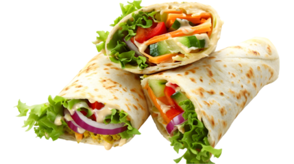  A falafel wrap sliced diagonally, showing colorful layers of falafel, fresh vegetables, and creamy tahini sauce, transparent background