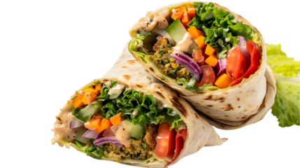 A falafel wrap sliced diagonally, showing colorful layers of falafel, fresh vegetables, and creamy tahini sauce, transparent background