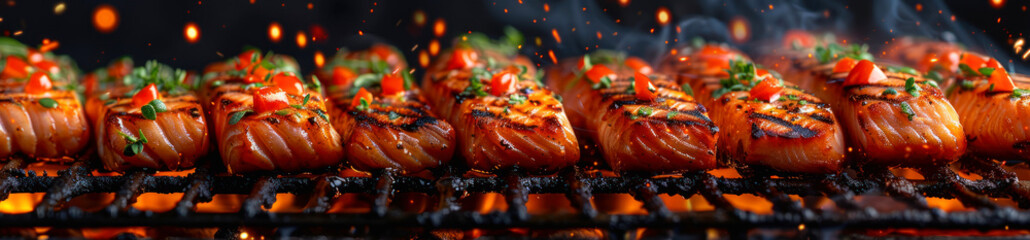Panorama photo of a grilled fish meat