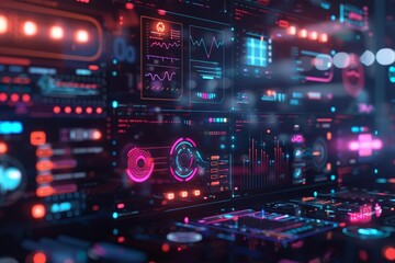 Fototapeta premium Close up of a marketing automation setup, with algorithms crafting personalized content for diverse audiences, in a studio filled with glowing interfaces, sharpen with copy space