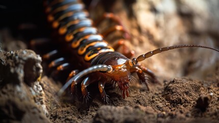 Obraz premium Close up of a millipede automaton, its segmented body housing different soil restoration tools, working quietly in a dimly lit ecotunnel, sharpen with copy space