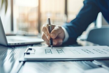 A man is writing on a piece of paper with a pen