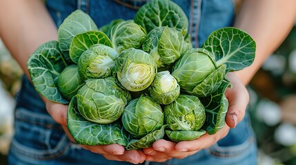   Close-up portrait of an individual clutching Brussels sprout bundle adorned in verdant foliage