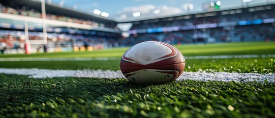 Close up of a rugby match on a field that senses player positions and ball status to provide stats to coaches and viewers on floating displays around the stadium