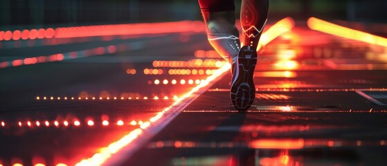 Close up of a runner using an exosuit that adapts to his bodys biomechanics, optimizing his energy output on a track that glows with pace indicators, sharpen with copy space