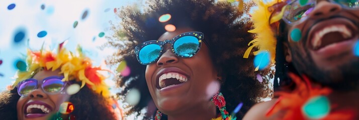 An individual dressed in colorful attire appears joyful amidst a lively celebration with confetti and vibrant energy
