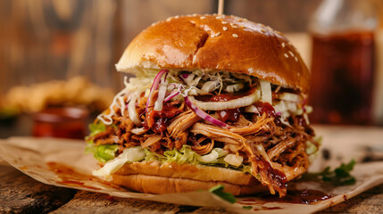 Delicious Pulled Chicken  sandwich over paper.