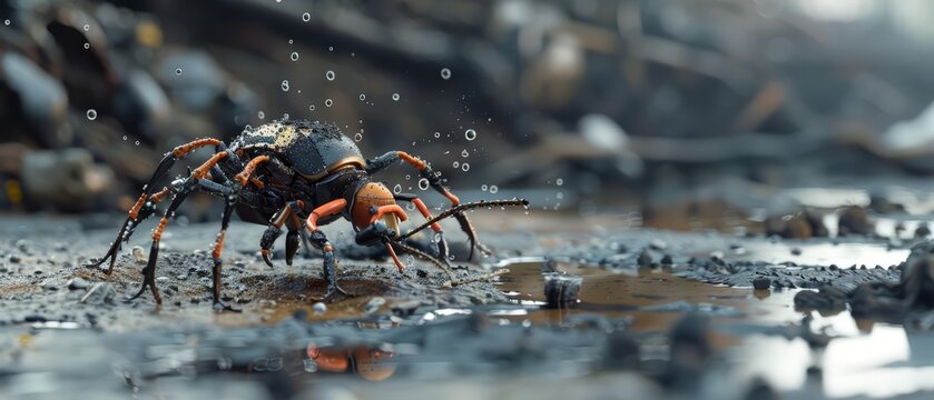 Close up of a springtail biomimetic robot, used for cleaning toxic spills with its absorbent body, jumping across a murky industrial site, sharpen with copy space