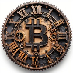Old clock with bitcoin symbol isolated on white background - time, money, stability, growth, saving, investment, finance concept. 