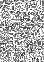A black and white hand-drawn drawing of an urban landscape of houses and trees.Seamless background.