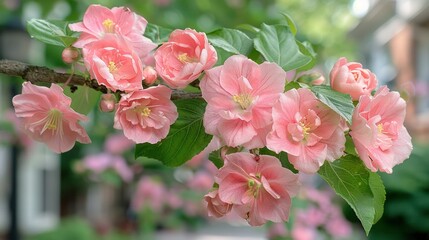 Obraz premium A tree full of pink blossoms in front of a lush green house