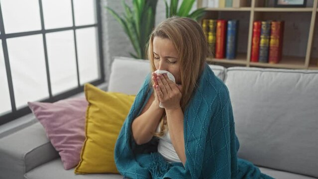 A young woman with blonde hair sits wrapped in a blue blanket, blowing her nose with a tissue in a modern living room
