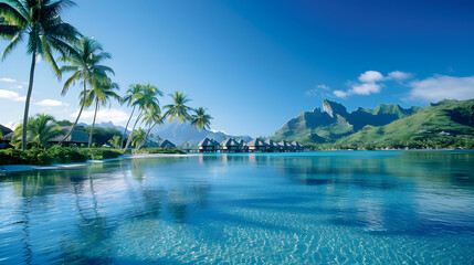 Obraz premium Idyllic tropical paradise scene with palm trees and crystal-clear waters