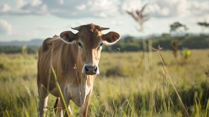 A Gir cow grazes peacefully in a stunning brachiaria pasture amidst the picturesque Brazilian countryside a country renowned as one of the globe s leading producers of beef and dairy produc