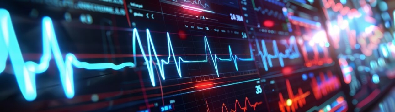 Close up of an electrocardiogram ECG monitor displaying complex heart rhythms in neon colors, integrated with AI predictions in a dimly lit emergency room, sharpen with copy space
