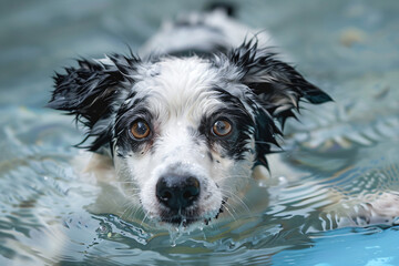 Fototapeta premium Wet black and white dog swimming in water. High-resolution digital photograph. Pet and activity concept. Design for posters and banners. Closeup view with copy space