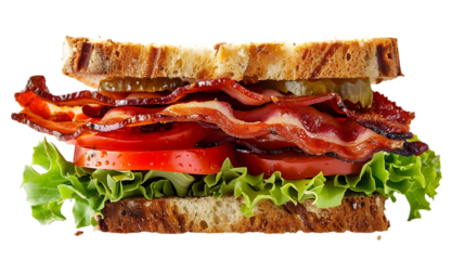  A gourmet BLT sandwich showcasing perfectly crisp bacon, fresh lettuce, and ripe tomato slices, arranged between two slices of toasted bread, transparent background