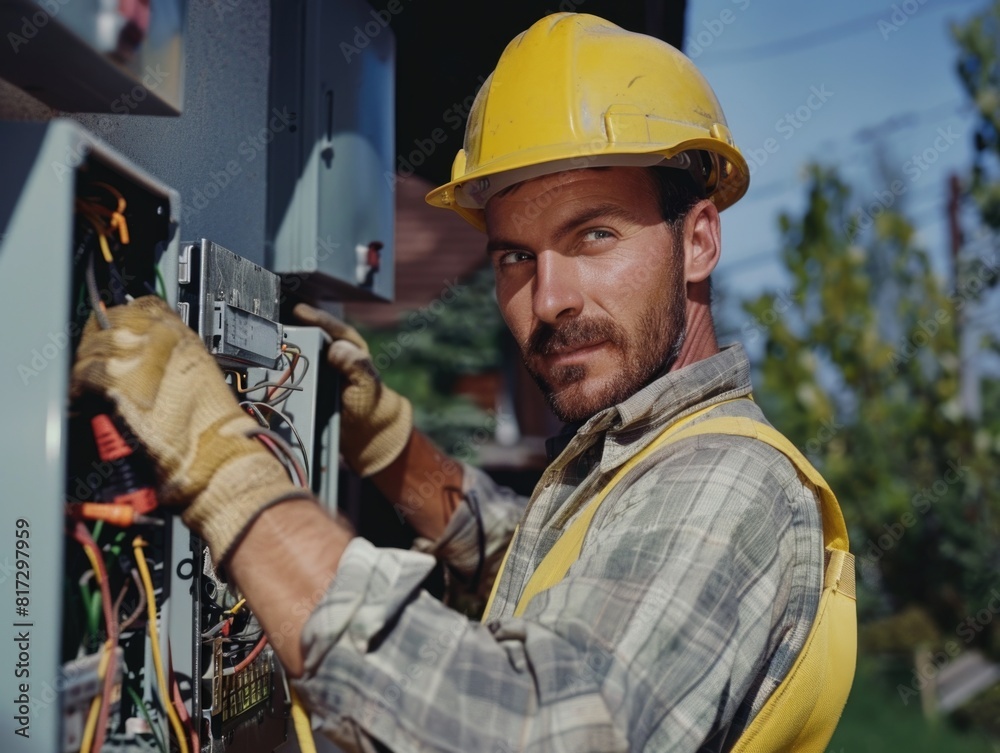 Sticker a man in a yellow hard hat is working on electrical equipment