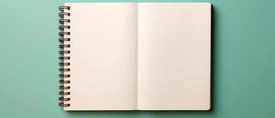 An empty notebook photographed from a top down perspective on a bicolor background