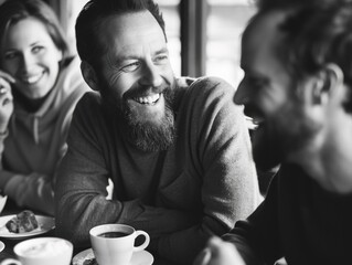 Fototapeta premium A man with a beard is laughing with two other men at a table
