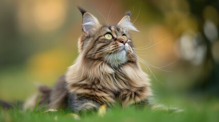 Obraz premium Maine coon cat looking up on green grassy meadow in a park on sunny day
