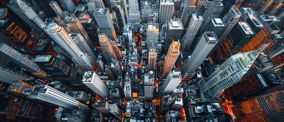 Capture a cityscape from a birds eye view, blending skyscrapers with dreamlike distortions in a surreal, digital masterpiece