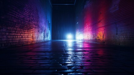 a deserted setting with vibrant neon light streaming onto a brick wall and glistening wet asphalt