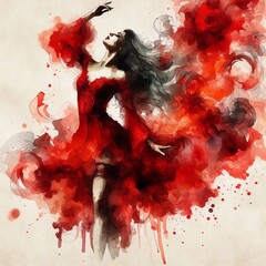 Woman in red dress dancing in red fires, watercolor painting. canvas painting