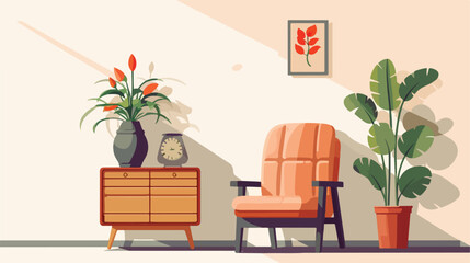 Stylish armchair houseplant and cabinet with decor