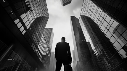 Obraz premium businessman standing between skyscrapers with his business bag. perspective from down below portrait