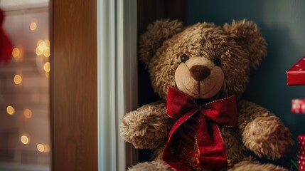 A charming brown Teddy bear quietly sneaks behind the door to surprise and celebrate special holidays and festive occasions bringing joy to children at daycare centers welcoming kids to a da