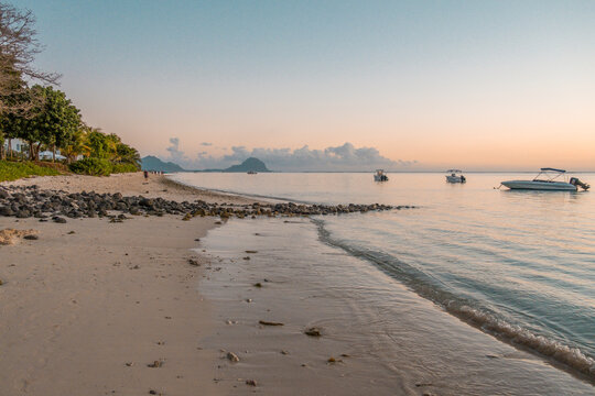 Flic en Flac Beach on Mauritius island in the Indian Ocean during sunset