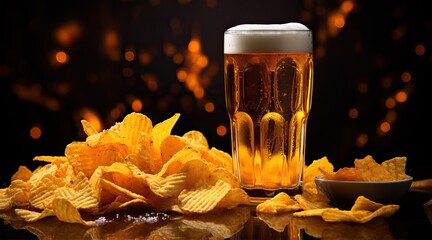 Cold mug of beer with foam and chips. Beer and food concept on dark stone background. Restaurant advertising, menu, banner.