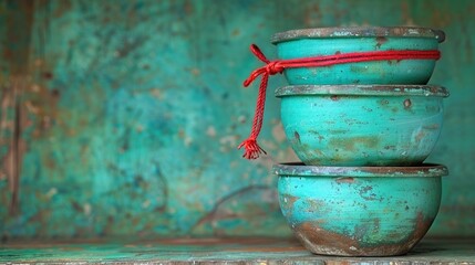 Fototapeta premium Red string on top bowl, green wall in backdrop