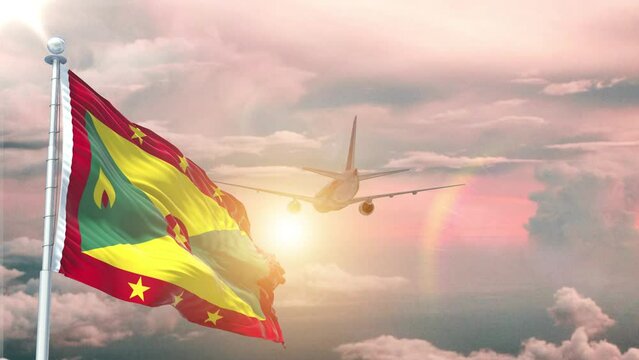 Grenada flag Waving Realistic With Sky Plane Takes Off At Sunrise