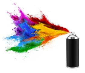black spray can with colorful rainbow paint explosion powder isolated on white background. graffiti abstract art industry background