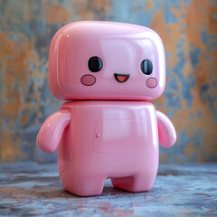 Cute pink toy robot character with a friendly smile against a textured backdrop.