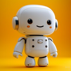 Cute, friendly-looking robot character against a vibrant yellow background.