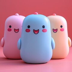 Three cute, colorful cartoon characters on a pink background.