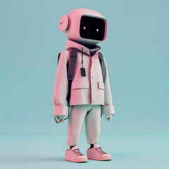 Stylish robot character in casual clothing against a soft blue background.