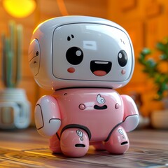 Cute, friendly robot character indoors with a warm atmosphere.