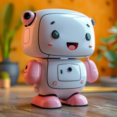 Cute pink robotic character with a happy expression on a warm background.