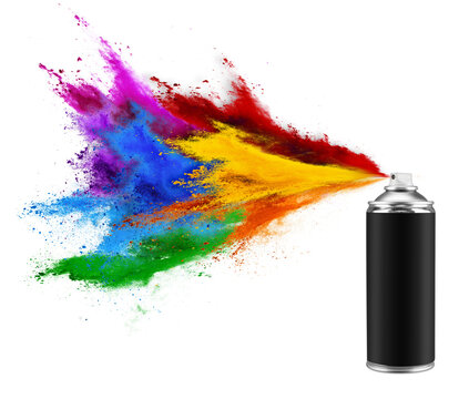black spray can with colorful rainbow paint explosion powder isolated on white background. graffiti abstract art industry background