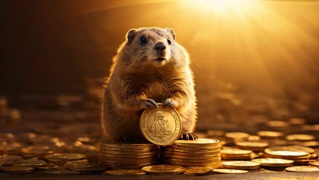 Adorable Groundhog Holding Gold Coin In Sunlight. Comic Business Success Theme. Rich Marmot Animal Funny Cute Character with cash Treasure. Finance Bank Gold Money Saving Stack Concept. 