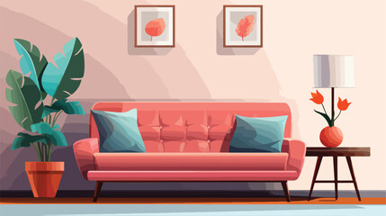 Stylish sofa in interior of living room 2d flat car