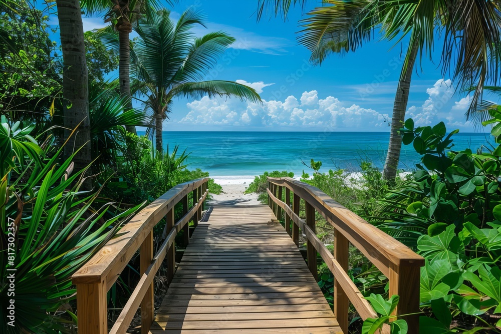 Wall mural Wooden boardwalk beach view