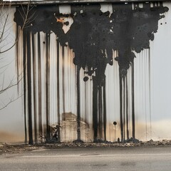 Obraz premium Burnt Wall with Dripping Stains and Melted Plastic Remnants: High-Resolution Stock Images of Distressed Surfaces for Artistic and Creative Projects