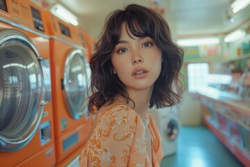 Young woman in a laundromat with orange machines. Everyday life and retro theme for poster and print.